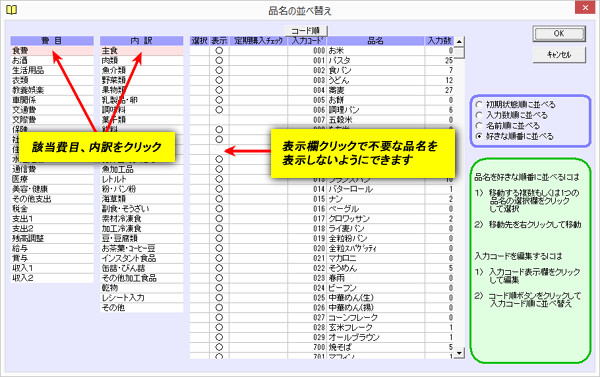 品名の並べ替え